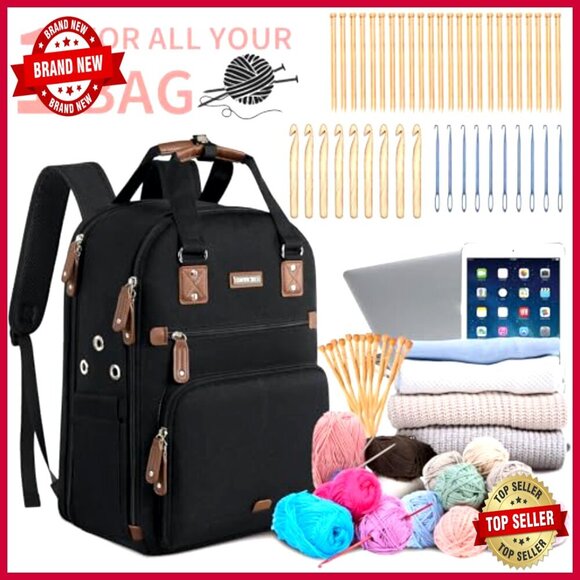 Large Knitting Backpack Tote with USB Port, 28L Yarn Storage Organizer main image 6